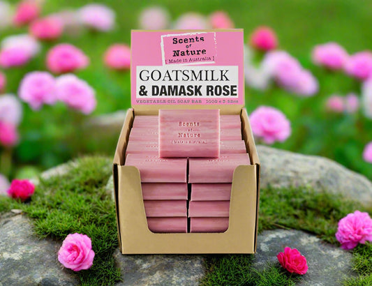 Nutshell Tilley Soap Bars goatsmilk and damask rose pink soap display box for gentle moisturizing