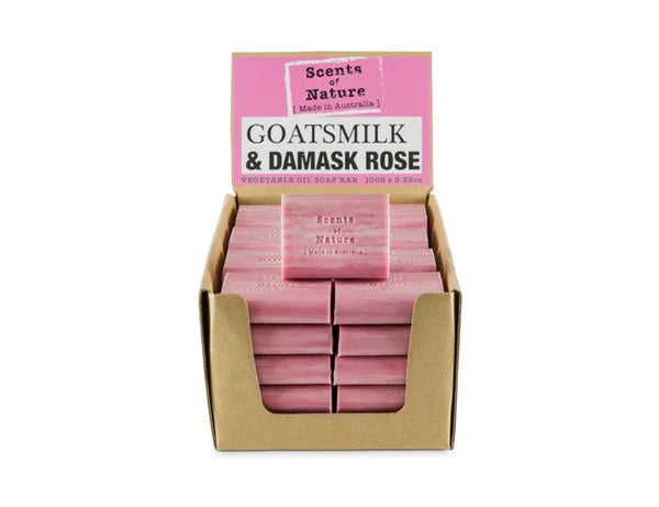 Nutshell Tilley Soap Bars Goatsmilk and Damask Rose pink soap bars in cardboard display box