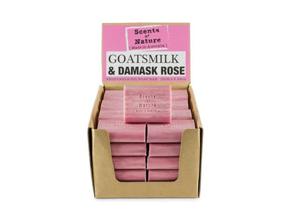 Nutshell Tilley Soap Bars Goatsmilk and Damask Rose pink soap bars in cardboard display box