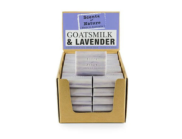 Tilley Soap Bars goatsmilk and lavender boxed display of stacked natural soap bars for gentle moisturizing by Nutshell
