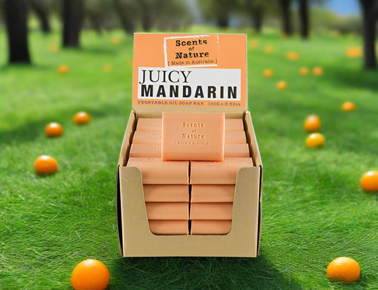 Tilley Soap Bars Juicy Mandarin by Nutshell display box of orange mandarin scented soap bars on grass