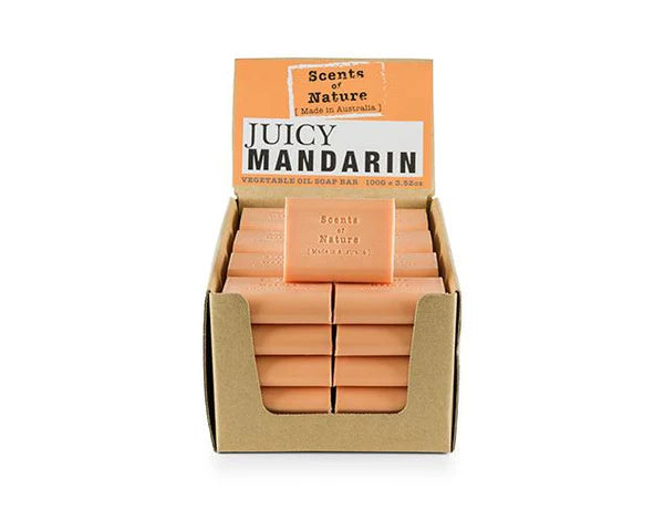 Tilley Soap Bars Juicy mandarin scented orange soap bars stacked in a cardboard display box for retail
