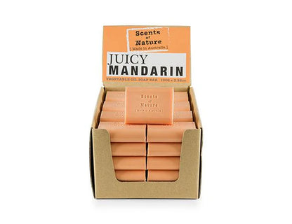 Tilley Soap Bars Juicy mandarin scented orange soap bars stacked in a cardboard display box for retail
