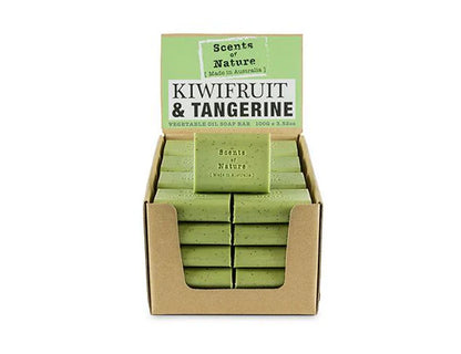 Nutshell Tilley Soap Bars kiwifruit and tangerine green soap bars stacked in a cardboard display box