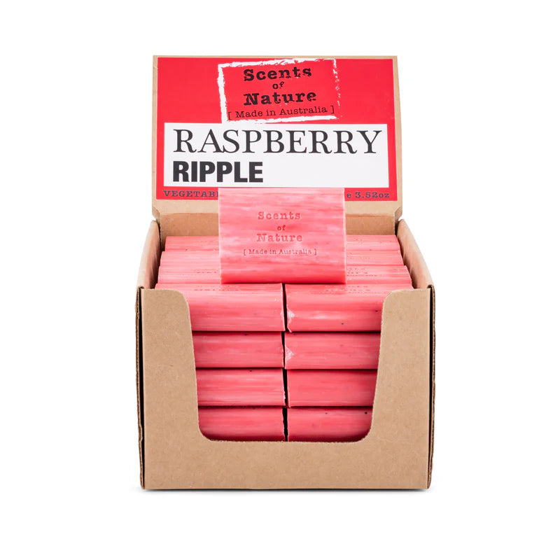 Nutshell Raspberry Ripple soap bars in cardboard display box with stacked pink bars Tilley Soap Bars