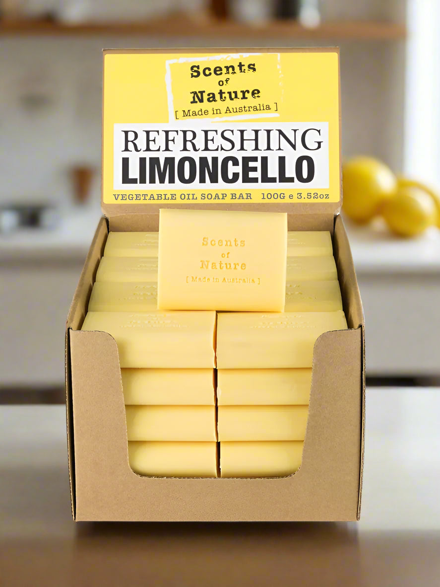 Nutshell Tilley Soap Bars refreshing limoncello yellow soap bars in counter display for citrus scented hand and body use