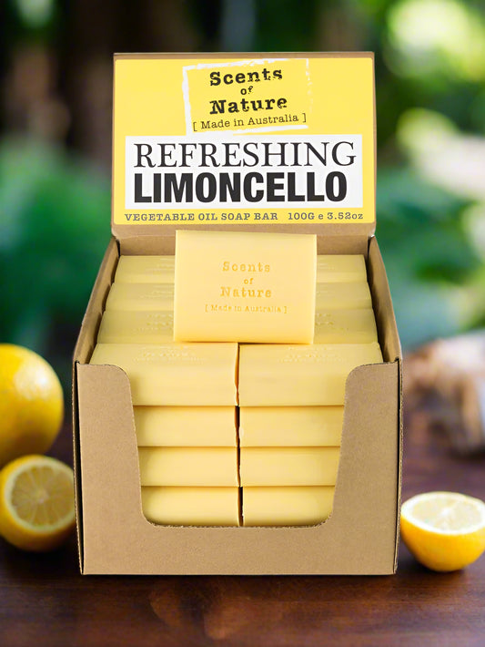 Tilley Soap Bars Refreshing Limoncello vegetable oil soap display box by Nutshell lemon scent