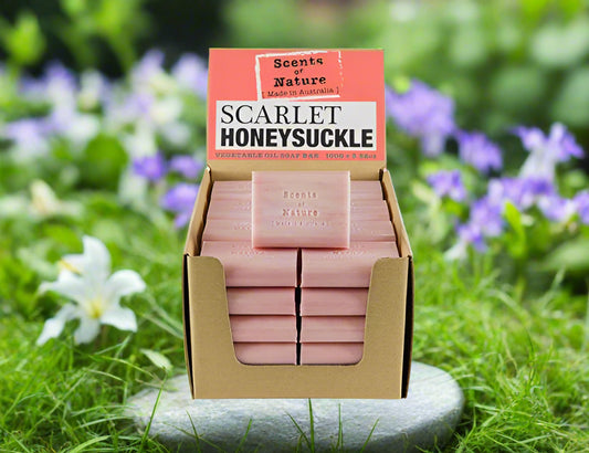 Nutshell Tilley Soap Bars Scarlet Honeysuckle pink soap display box stacked on grass with floral background