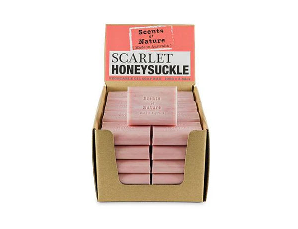 Nutshell display box of pink Scarlet Honeysuckle Tilley Soap Bars stacked, natural vegetable oil soap