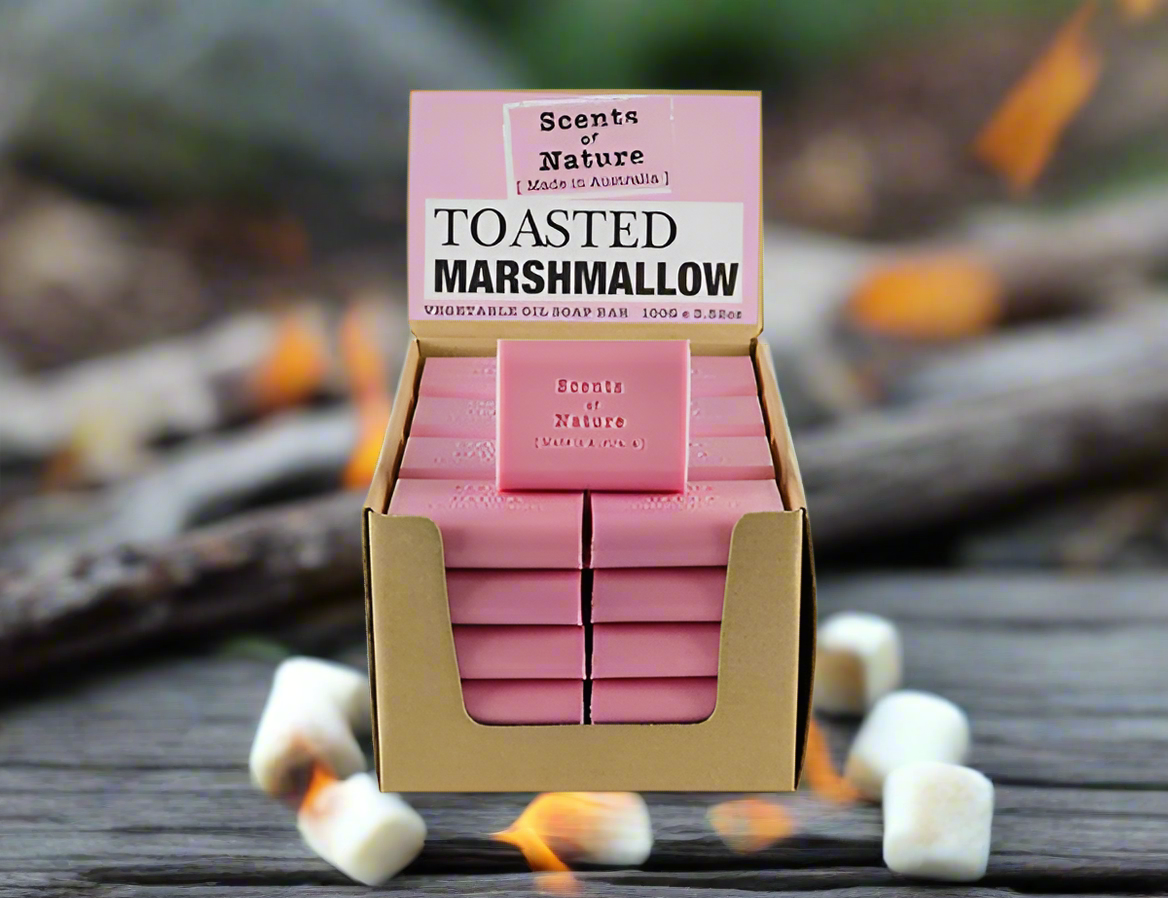 Nutshell Toasted Marshmallow soap display box with pink bars stacked and Tilley Soap Bars label