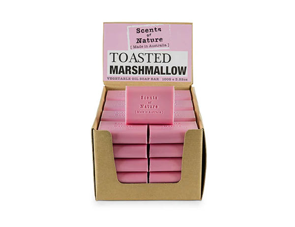 Nutshell Toasted Marshmallow pink soap bars in display box Tilley Soap Bars gentle moisturizing scent