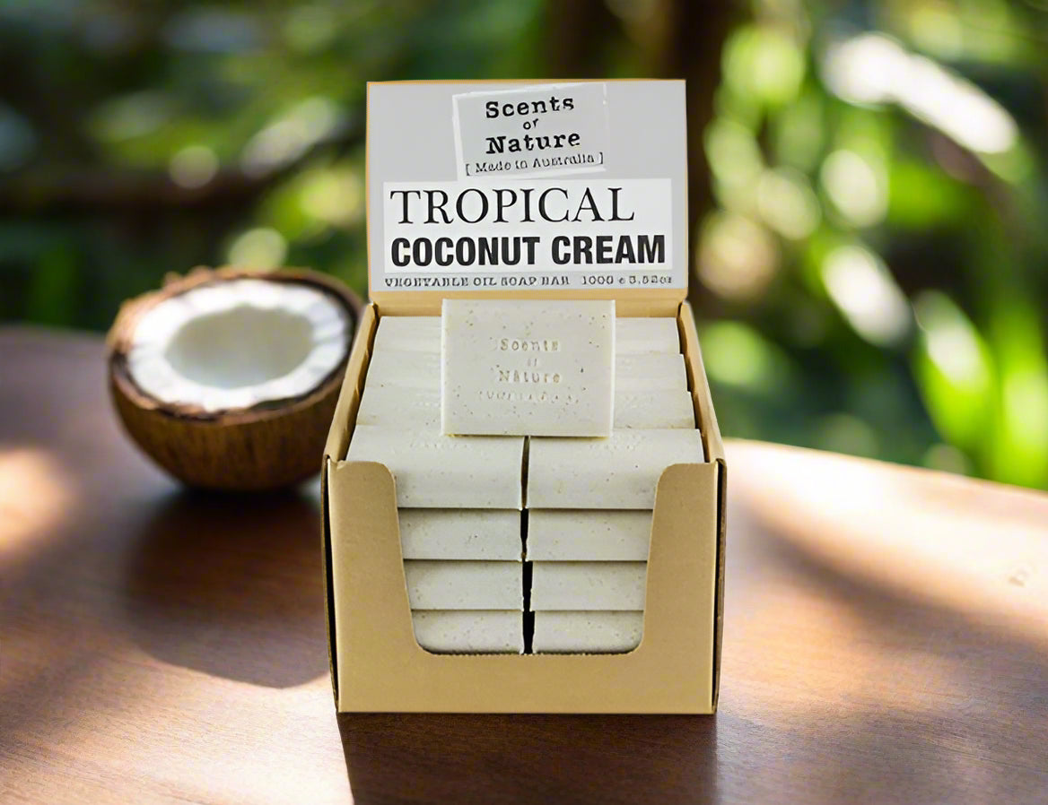 Nutshell Tilley Soap Bars tropical coconut cream vegetable oil soap bars stacked in display box