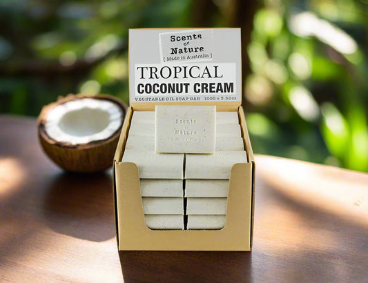Nutshell Tilley Soap Bars tropical coconut cream vegetable oil soap bars stacked in display box