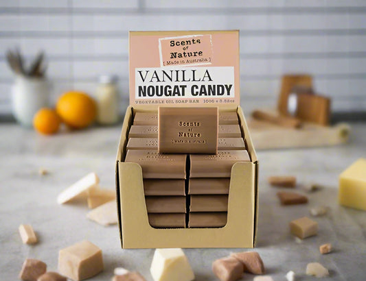 Nutshell Tilley Soap Bars vanilla nougat candy display box with stacked brown soap bars on countertop