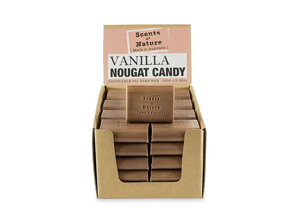 Nutshell Vanilla Nougat Candy soap bars in a cardboard display box stacked for retail Tilley Soap Bars .