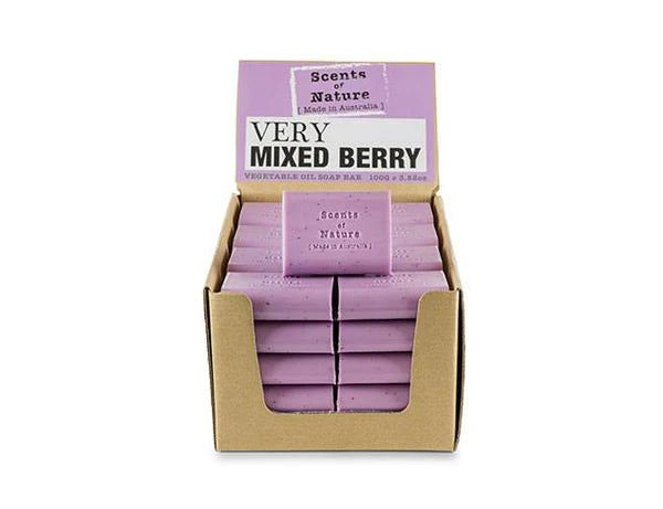 Nutshell Tilley Soap Bars Very Mixed Berry purple soap bars stacked in cardboard display box