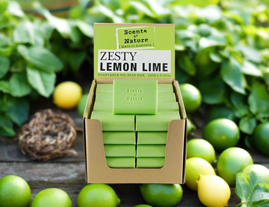Nutshell Tilley Soap Bars Zesty Lemon Lime vegetable oil soap bars in green stacked display with citrus scent