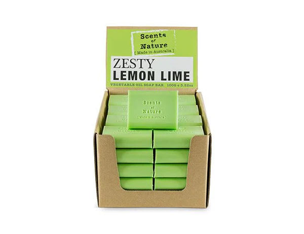 Nutshell Zesty Lemon Lime soap display box with stacked green bars Tilley Soap Bars fresh citrus scent
