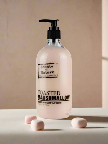 Nutshell Toasted Marshmallow Gift Pack showing hand and body lotion bottle with mini marshmallows