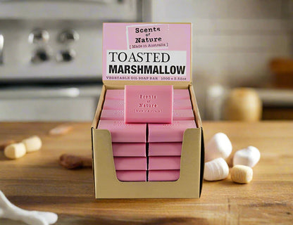Toasted Marshmallow Gift Pack by Nutshell showing pink soap bars in countertop display box with marshmallows