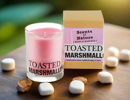 Nutshell Toasted Marshmallow Gift Pack pink scented candle in glass with box and scattered marshmallows on wood