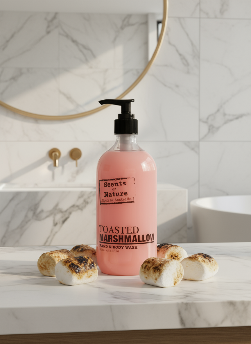 Toasted marshmallow lotion and wash gift set with a pink bottle on a bathroom counter and roasted marshmallows beside it