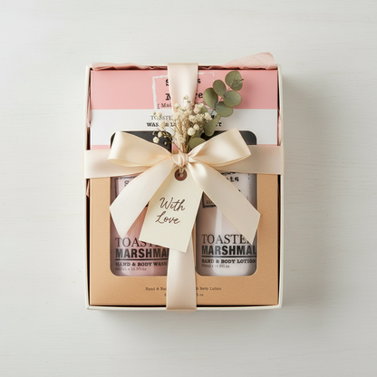 Toasted marshmallow lotion and wash gift set in elegant packaging with a ribbon and tag