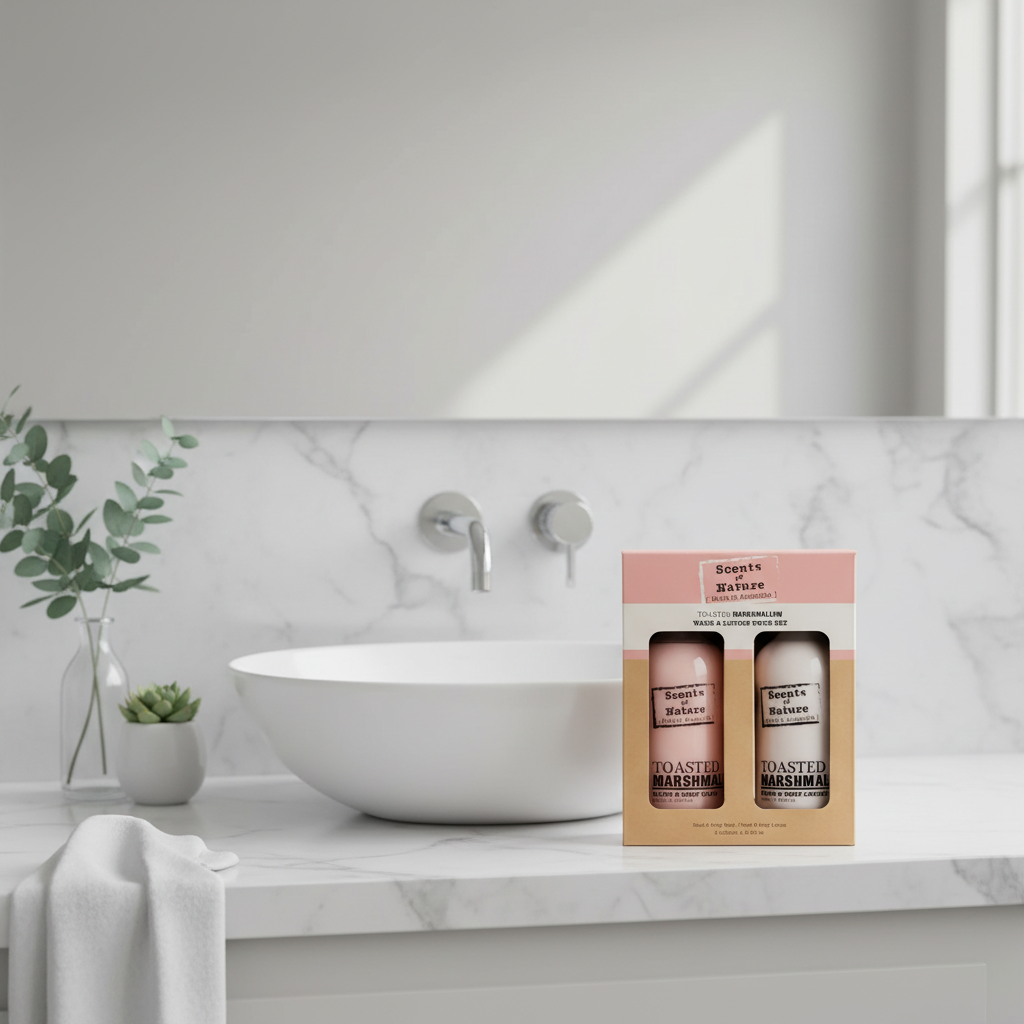 Nutshell toasted marshmallow lotion and wash gift set displayed on a bathroom countertop next to a sink