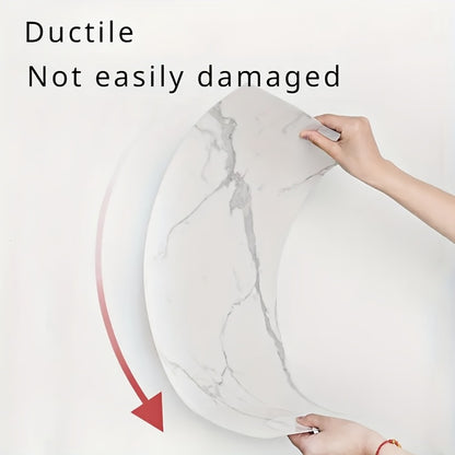 Self-adhesive decorative tiles shown being applied, flexible and durable for home decor projects.