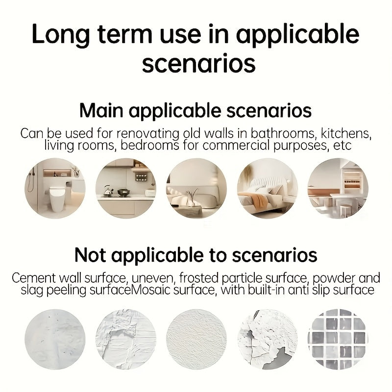 Guide for self-adhesive decorative tiles showing applicable and non-applicable scenarios for wall renovation