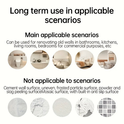Guide for self-adhesive decorative tiles showing applicable and non-applicable scenarios for wall renovation