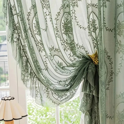 Nutshell green Ruffled Floral Sheer Curtain tied back with gold brooch revealing floral print and ruffles