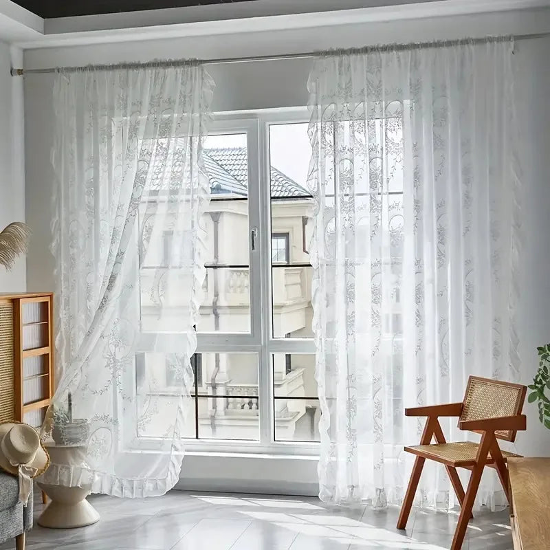 Nutshell Ruffled Floral Sheer Curtain white window panels with delicate floral pattern and ruffled edges