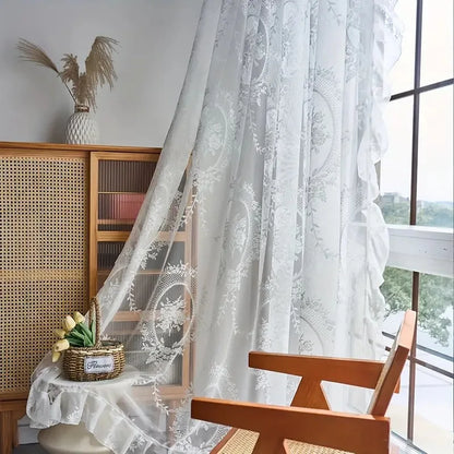 Nutshell Ruffled Floral Sheer Curtain white lace panels with ruffled edge in sunlit seating area