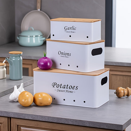 Nutshell shatterproof kitchen canister set with labeled containers for garlic, onions, and potatoes
