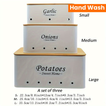 Nutshell shatterproof kitchen canister set in three sizes for storing garlic, onions, and potatoes