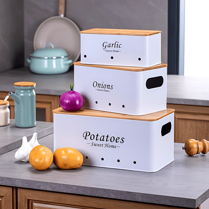Shatterproof kitchen canister set with bamboo lids for storing garlic, onions, and potatoes