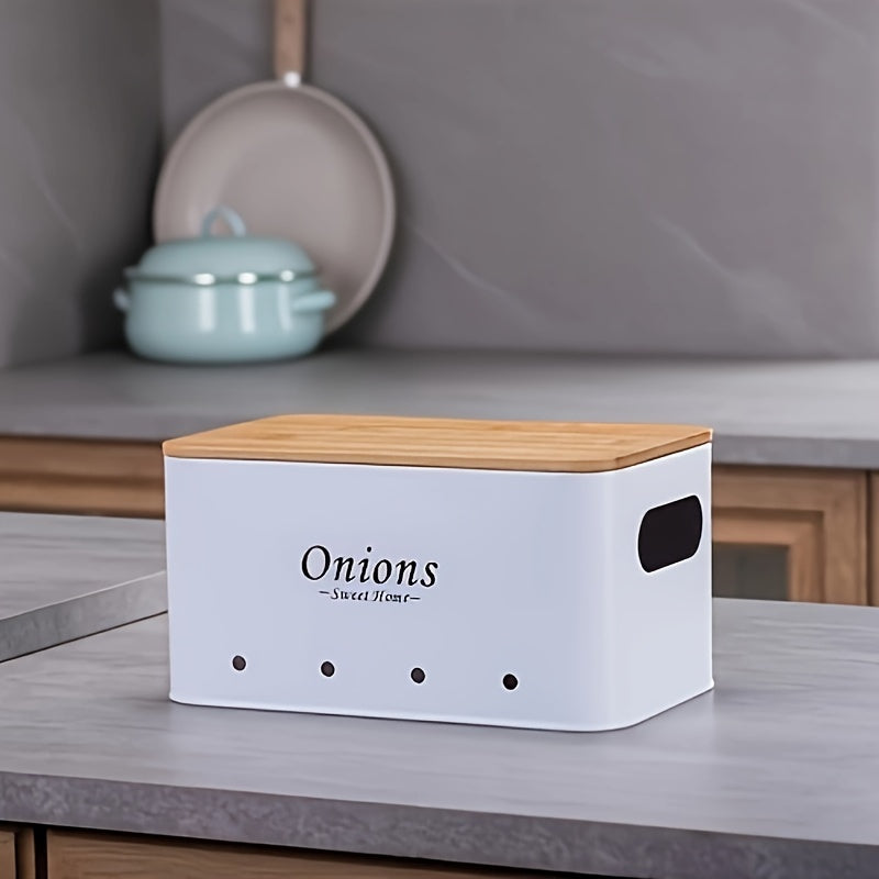 Nutshell shatterproof kitchen canister set for organizing onions with a wooden lid