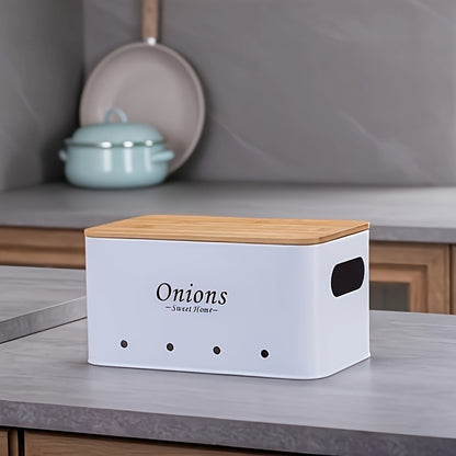 Nutshell shatterproof kitchen canister set for organizing onions with a wooden lid