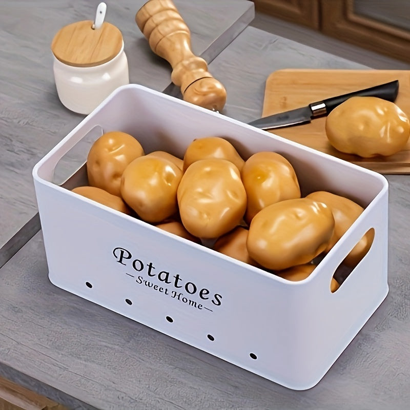 Nutshell shatterproof kitchen canister set with a white storage box filled with fresh potatoes
