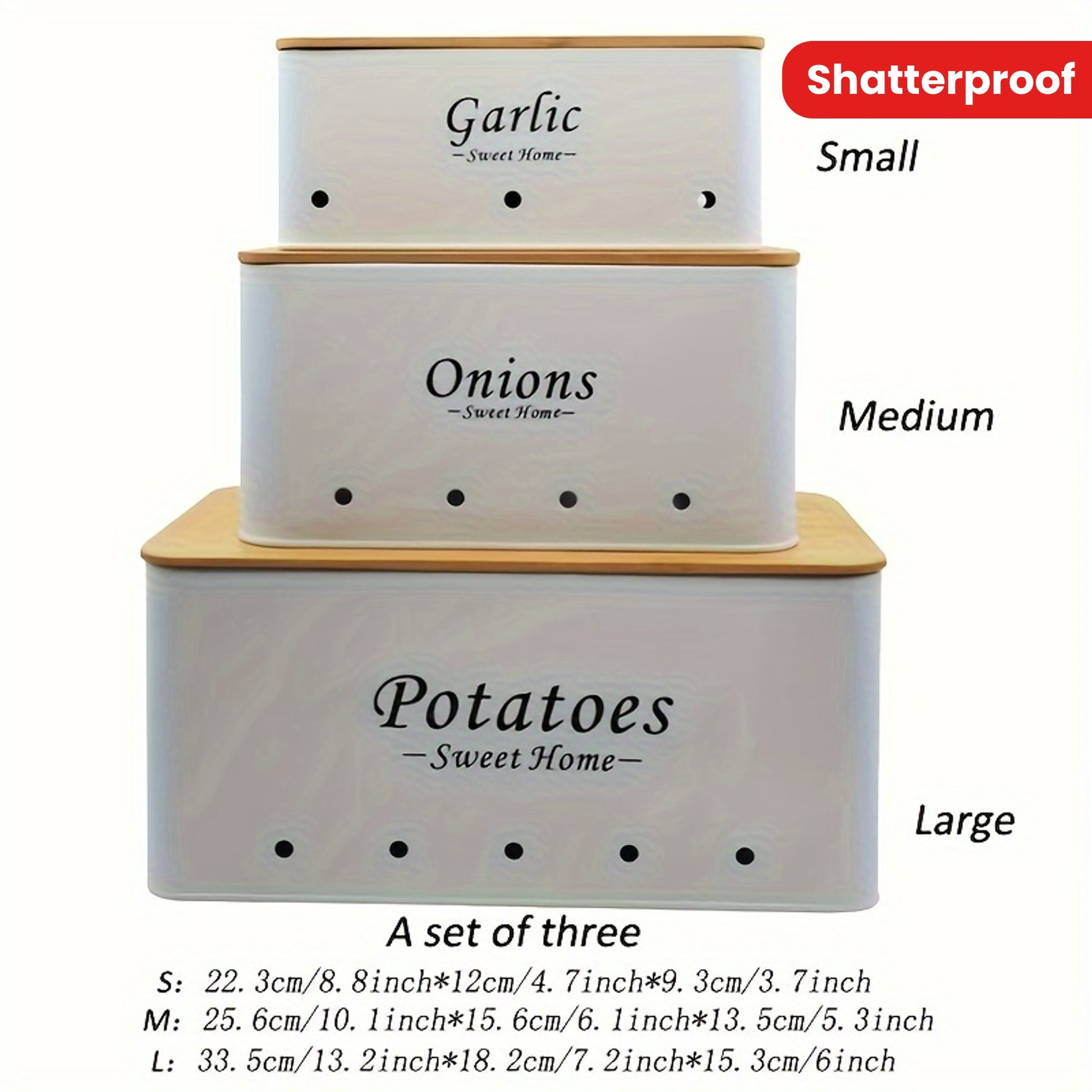 Shatterproof kitchen canister set in three sizes for storing garlic, onions, and potatoes with stylish design
