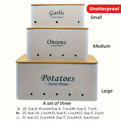 Shatterproof kitchen canister set in three sizes for storing garlic, onions, and potatoes with stylish design