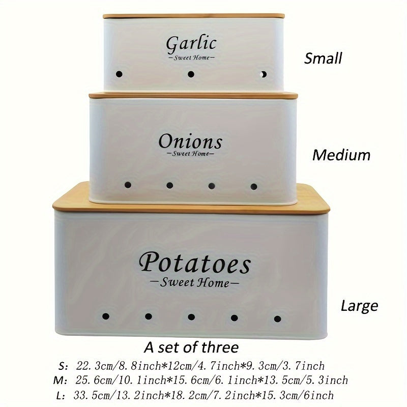 Nutshell shatterproof kitchen canister set in three sizes labeled Garlic, Onions, and Potatoes