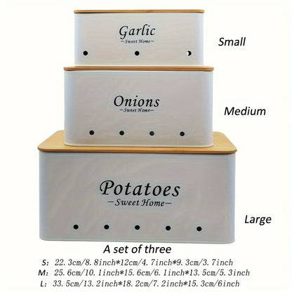 Nutshell shatterproof kitchen canister set in three sizes labeled Garlic, Onions, and Potatoes