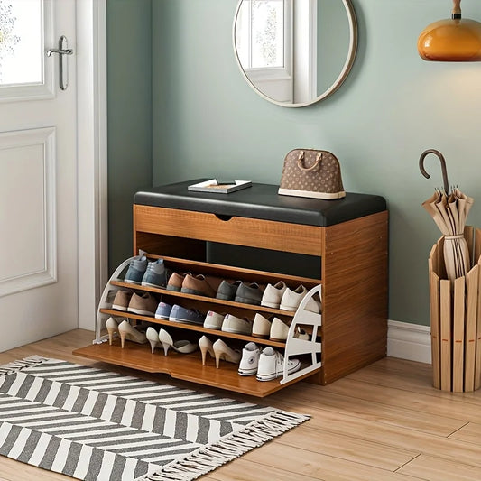 Nutshell Shoe Bench with Cushioned Seat and Shoe Storage Shelves in a Modern Entryway Setting