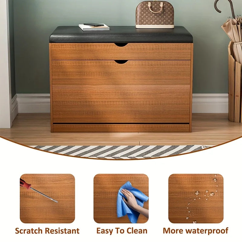 Nutshell Shoe Bench with Cushioned Seat featuring scratch resistant, easy to clean, and waterproof finishes