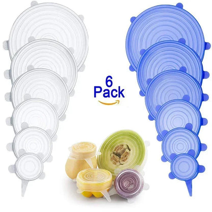 Nutshell Silicone Stretch Lid Set in Clear and Blue, 6 pack for versatile food storage