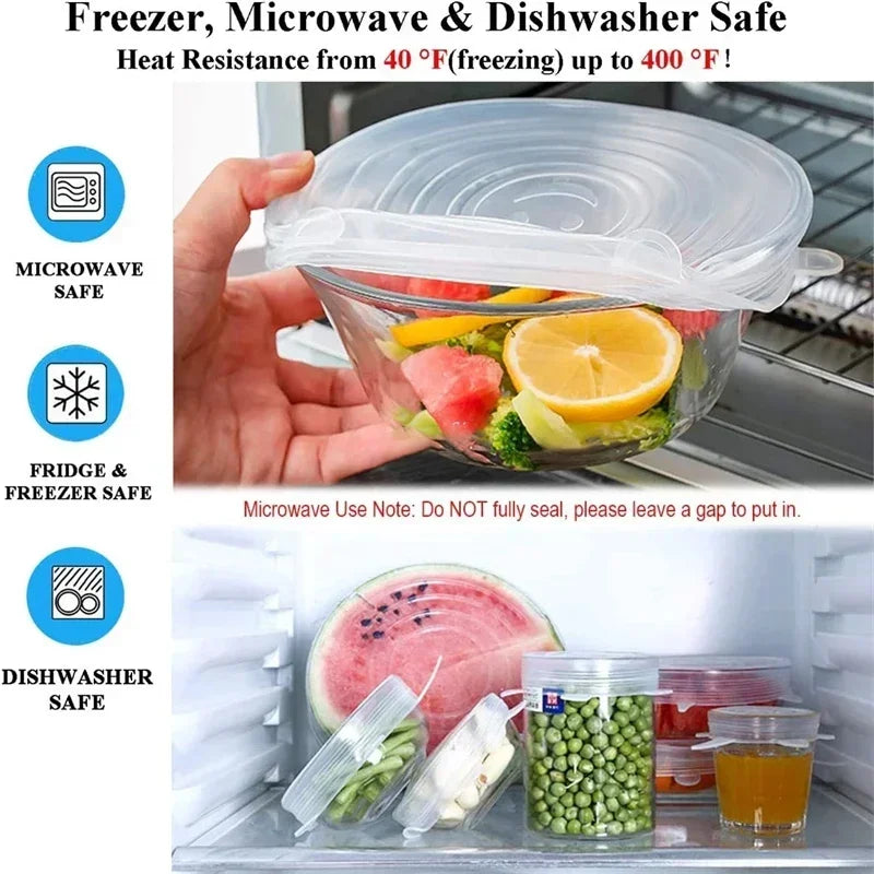 Silicone Stretch Lid fitting a bowl with fruits, safe for freezer, microwave and dishwasher use