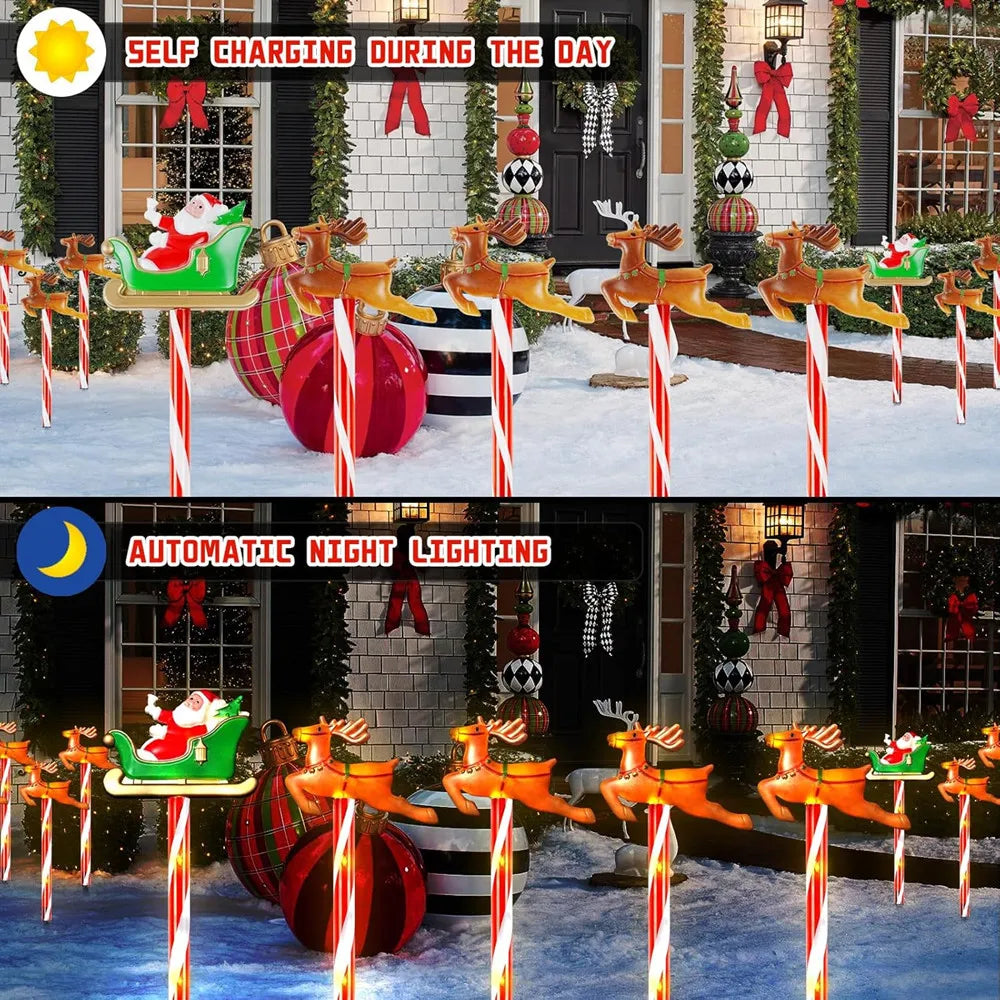 Nutshell solar Christmas pathway lights with Santa and reindeer, self-charging by day and lighting up at night
