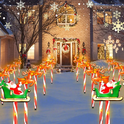Colorful solar Christmas pathway lights featuring Santa in a sleigh for festive outdoor decorations